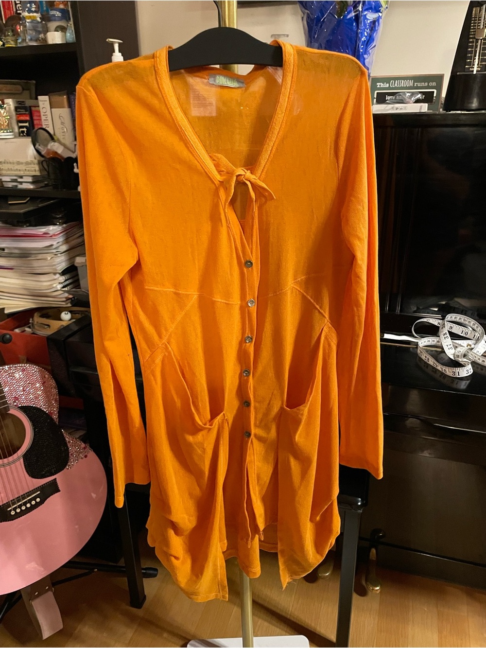 Button-Front Tie-Neck Orange Tunic Cardigan